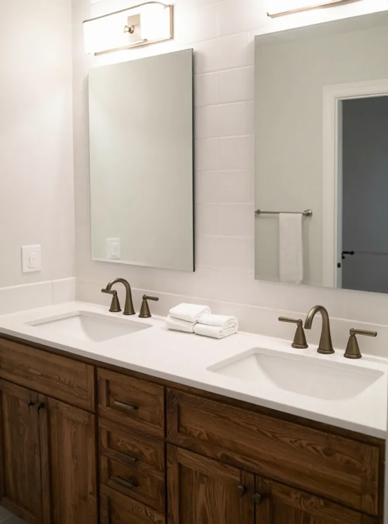 Custom double bathroom vanity with wood grain finish in Huntsville Alabama