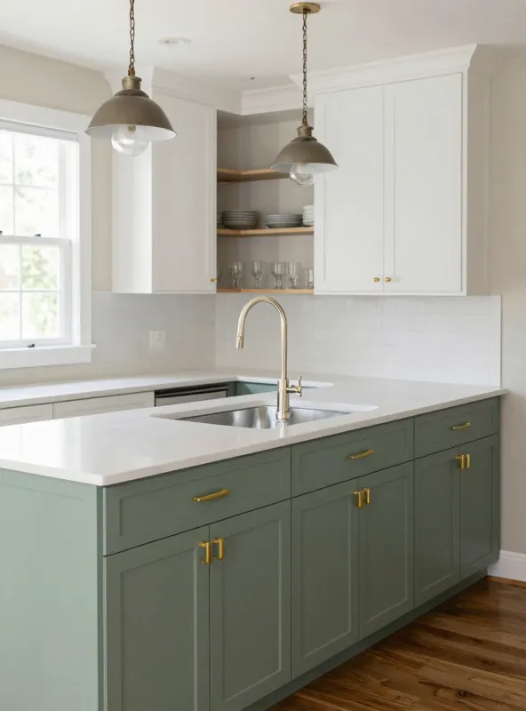 Two-tone kitchen cabinets with sage base in Huntsville Alabama